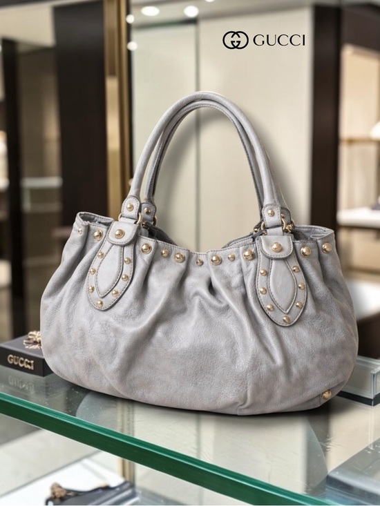 Gucci Handbags - AUTHENTIC GUCCI PELAM GRAY STUDDED LEATHER SHOULDER BAG LARGE SLOUCHY GOLD HW